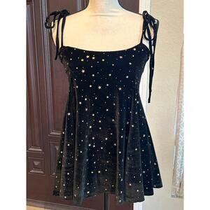 Witchy Black Velvet & Gold Stars Tie Shoulder Top